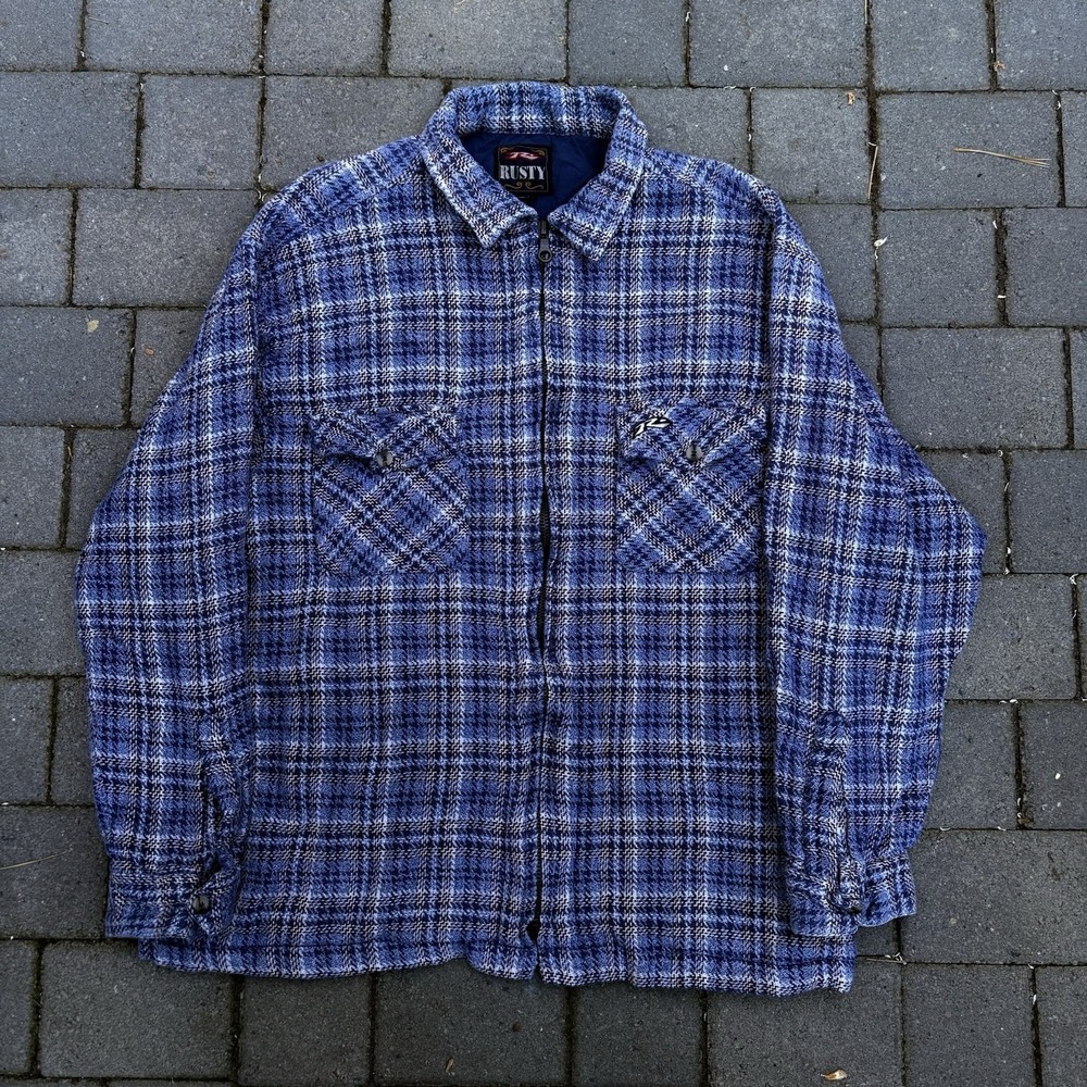 Vintage 90s Rusty Skate Baggy Surf Flannel Zip Up Shacket Shirt Blue Size XL